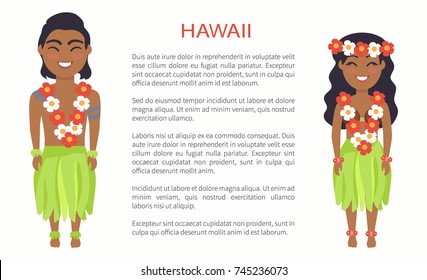 Hawaii male and female image, dressed in flowers and lei, leaves and coconut shell, vector international day poster ethnic people with text