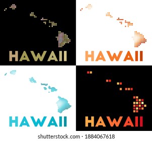 Mapa de Hawaii. Colección de mapas de Hawaii en estilo punteado. Las fronteras de la isla están llenas de rectángulos para tu diseño. Ilustración vectorial.