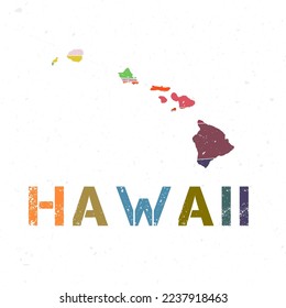 Hawaii-Kartendesign. Gestalt der Insel mit schönen geometrischen Wellen und Grunge-Textur. Klassische Vektorgrafik.