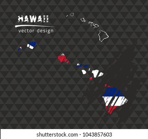 Hawaii map with flag inside on the black background. Chalk sketch vector illustration