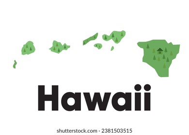 Hawaii map shape United states America green forest hand drawn cartoon style with trees travel terrain 