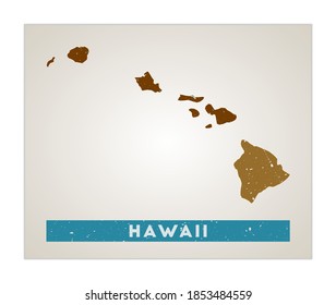 Mapa de Hawaii. Afiche del estado de EEUU con las regiones. Vieja textura gruesa. Forma de Hawai con el nombre de estado de ee.uu. Hermosa ilustración vectorial.
