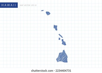 Hawaii Map - USA, United States of America Map vector template with blue outline graphic and pen drawing sketch style isolated on white grid background for design - Vector illustration eps 10