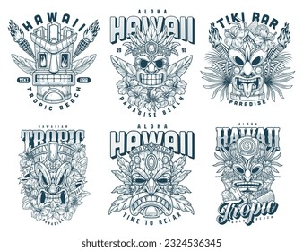 Hawaii mascots set monochrome with tiki totems and words aloha tropic beach to attract tourists vector illustration