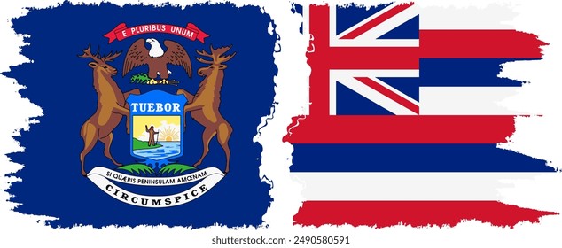Hawaii and Michigan states grunge brush flags connection, vector