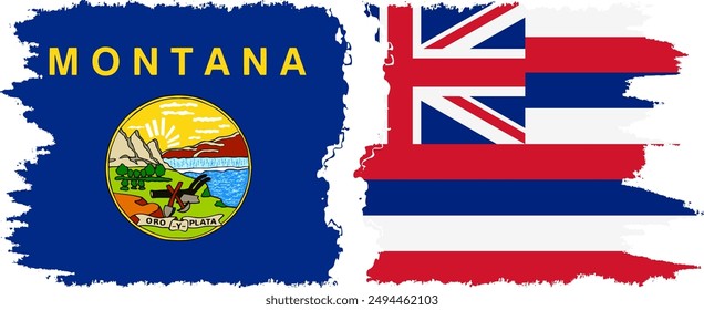 Hawaii and Montana states grunge brush flags connection, vector