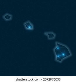 Hawaii network map. Abstract geometric map of the US state. Digital connections and telecommunication design. Glowing internet network. Creative vector illustration.