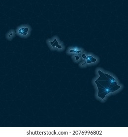 Hawaii network map. Abstract geometric map of the island. Digital connections and telecommunication design. Glowing internet network. Classy vector illustration.