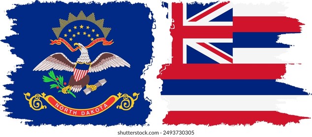 Hawaii and North Dakota states grunge brush flags connection, vector