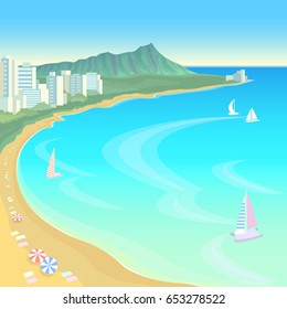 Hawaii ocean bay blue water sunny sky summer travel vacation background. Boats sand beach umbrellas hot day scene landscape view vector illustration art