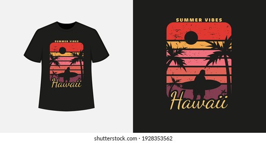 Hawaii ocean beach t shirt style and trendy clothing design with tree and man silhouettes, typography, print, vector illustration.