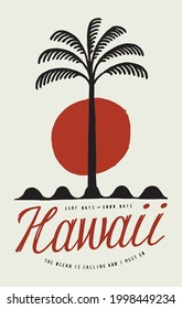 Hawaii palm on waves surfing t-shirt print. Simple vintage beach symbol typography vector illustration. Summer tropical vacation print.