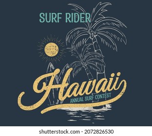 Hawaii palm tree with surfing graphic print design for t shirt. Vintage surf rider artwork for apparel, sticker, poster 