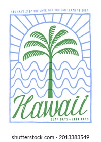 Hawaii palm, waves and the sun thin line vintage lettering typography surfing t-shirt print vector illustration.