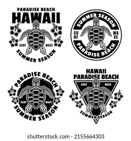 Hawaii paradise beach set of vector emblems, labels, badges or logos in vintage monochrome style with sea turtle top view isolated on white background