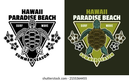 Hawaii paradise beach vector vintage emblem, label, badge or logo with turtle top view. Illustration in two styles black on white and colorful on dark background
