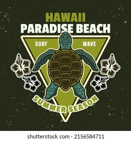 Hawaii paradise beach vector vintage emblem, label, badge or logo with turtle top view. Illustration in colorful cartoon style on dark background