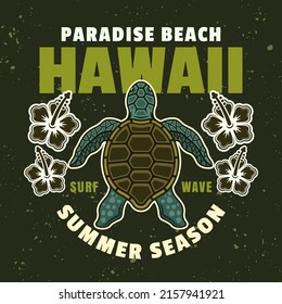 Hawaii paradise beach vector vintage emblem, label, badge or logo with turtle top view. Illustration in colorful style on dark green background