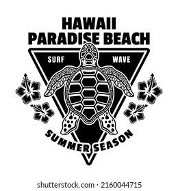 Hawaii paradise beach vector vintage emblem, label, badge or logo with turtle top view. Illustration in monochrome style isolated on white background