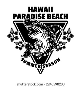 Hawaii paradise beach vector vintage emblem, label, badge or logo with shark. Illustration in monochrome style isolated on white background