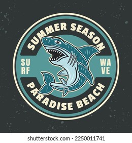 Hawaii paradise beach vector vintage emblem, label, badge or logo with shark. Illustration in colorful cartoon style on dark background