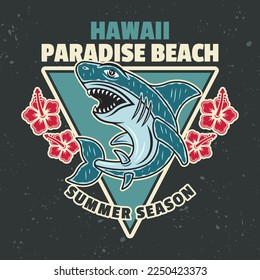 Hawaii paradise beach vector vintage emblem, label, badge or logo with shark. Illustration in colorful cartoon style on dark background
