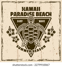 Hawaii paradise beach vector vintage emblem, label, badge or logo with turtle top view. Illustration on background with grunge textures and frame vector illustration