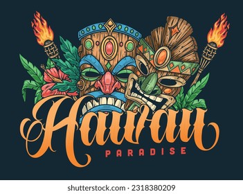 Hawaii paradise travel poster colorful with two evil face masks and burning torches to promote tourism in resort vector illustration