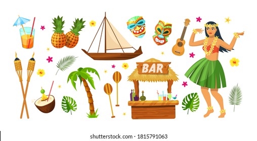 Hawaii party. Hawaiian traditional elements. Cocktails, pineapples, torch, ship Hawaiian canoe, palms, bar counter, traditional masks, dancing girl. Tropical vector hawaiian beach party vector icons