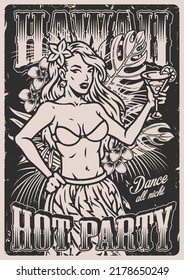 Hawaii party monochrome vintage poster woman in swimsuit drinks beach cocktail and lures you to dance bachelorette party vector illustration