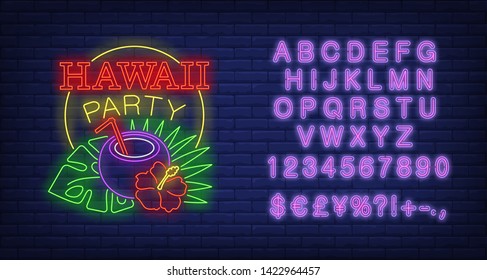 Hawaii Party neon text with coconut cocktail and tropical plants. Resort, tourism, vacation design. Night bright neon sign, colorful billboard, light banner. Vector illustration in neon style.