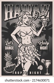 Hawaii Party Vintage Flyer Monochrome Girl In Bikini And Skirt Made Tropical Leaves Drinks Cocktail On Night Beach Vector Illustration