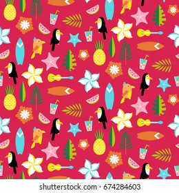 Hawaii pattern with tucans, parrots, leafs and surfs. vector illustration