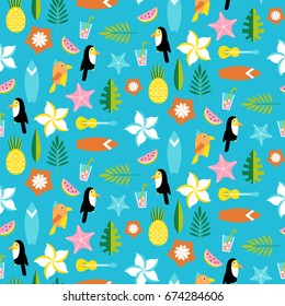 Hawaii pattern with tucans, parrots, leafs and surfs. vector illustration