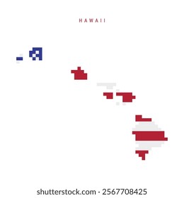 Hawaii pixel flag map icon. 8 bit pixel art map covered with american flag. Flat vector illustration isolated on white background.