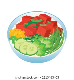 Hawaii Poke Bowl With Tuna Cubes And Vegetables Icon Vector. Tuna Poke Bowl With Rice, Cucumber, Lettuce And Seaweed Design Element Isolated On A White Background