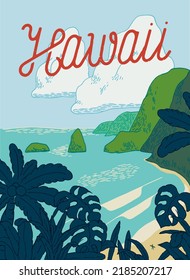 Hawaii poster. Beautiful Hawaii ocean view landscape with mountains and the beach with a tiny surfer figure on it surrounded by tropical plants.