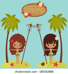 Hawaii  poster. Hawaiian Hula dancers near palm trees and Hawaii signboard