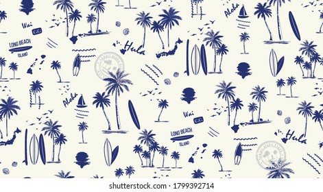 hawaii print seamless pattern Vector illustration, Hand Draw Style, Palm, Surf, Sunset 