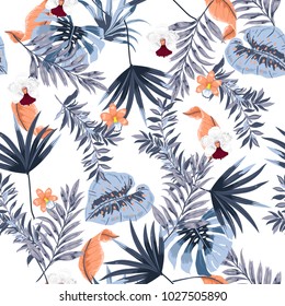 Hawaii print vector seamless beautiful artistic Bright summer tropical pattern with exotic forest. Colorful original stylish floral mix with leaves background , on white Hawaii print vector seamless beautiful artistic Bright summer tropical pattern with exotic forest. Colorful original stylish floral mix with leaves background , on white