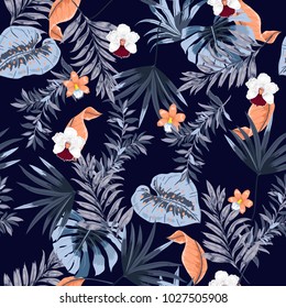 Hawaii print vector seamless beautiful artistic Bright summer tropical pattern with exotic forest. Colorful original stylish floral mix with leaves  background , on dark navy blue