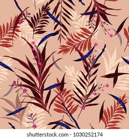 Hawaii print vector seamless beautiful artistic Bright summer tropical pattern with exotic forest. Colorful original stylish floral mix with dark maroon color leaves  background , on pink