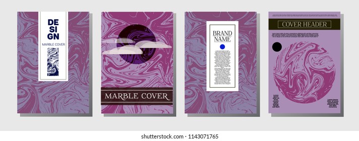 Hawaii Purple Blue Marble Ink Texture Cover Set. A4 Vector Liquid Paint Fashion Magazine Design. Ebru Ink Wash Hipster VIP Package Background. Futuristic Corporate Identity Marble Ink Texture Cover.