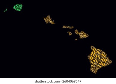 Hawaii Regions Word Clouds. Bright typographic style design on dark background. Hawaii region names tag clouds. Boundary shape. Artistic vector illustration.