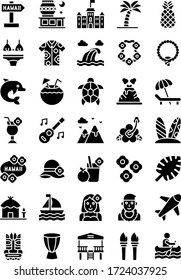 Hawaii related pineapple, coconut, guitar, boy, girl, flower, leaf, boat, airplane, drum,fire stick,surf, shirt, necklace, dolphin, tortoise, lava, mountains, and cap vector in solid design