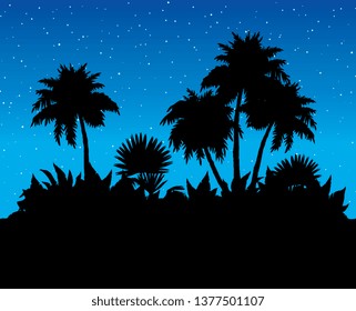 Hawaii resort banana beach land scenic view on space for text on blue nighttime heaven backdrop. Dark color drawn big lush coco twig foliage pattern design symbol in art graphic cartoon vector style