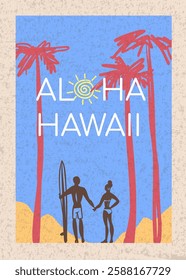 Hawaii retro poster with palm trees and couple lovers. Vector illustration