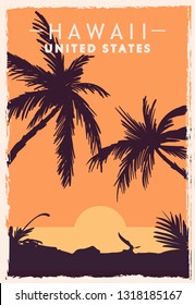 Hawaii retro poster. USA Hawaii travel vector illustration. United States of America greeting card.