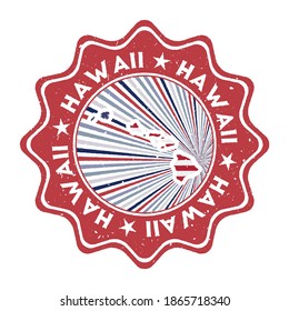 Hawaii round grunge stamp with island map and country flag. Vintage badge with circular text and stars, vector illustration.