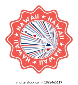 Sello de grano redondo de Hawaii con el mapa estatal y la bandera del estado. Señal vintage con texto circular y estrellas, ilustración vectorial.